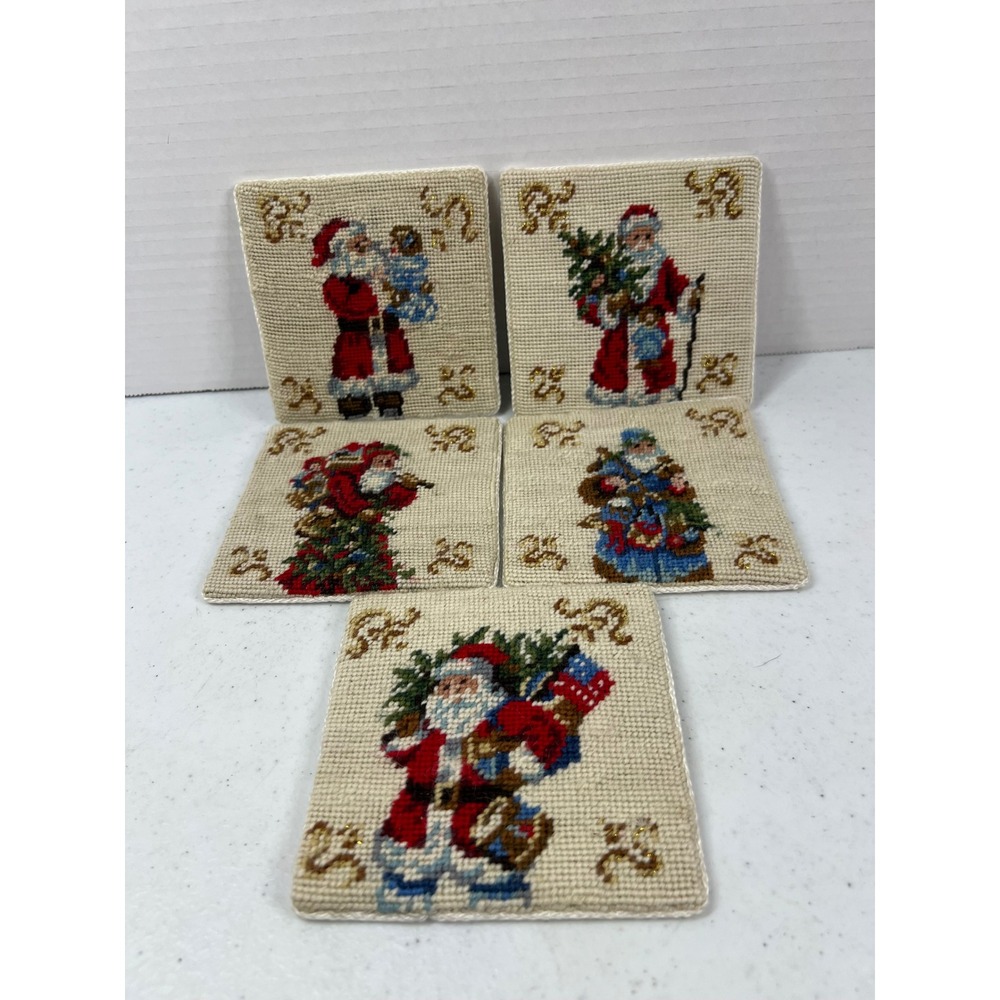 Vintage Needlepoint Christmas Coasters Set of 5 Santa Claus Holiday Decor 4x4